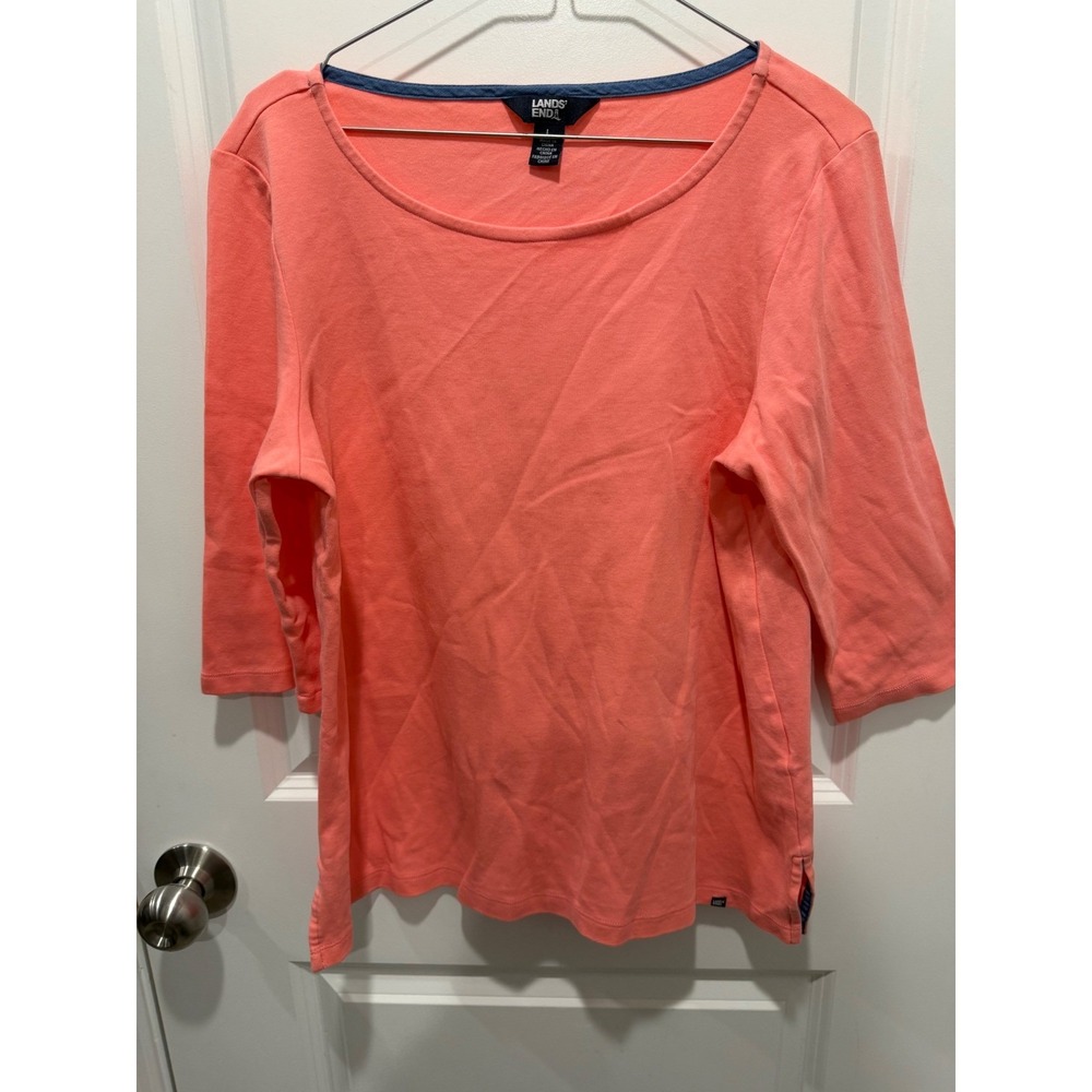 Lands End Womens 3/4 Sleeve Top Pima Cotton Coral Pink Size L